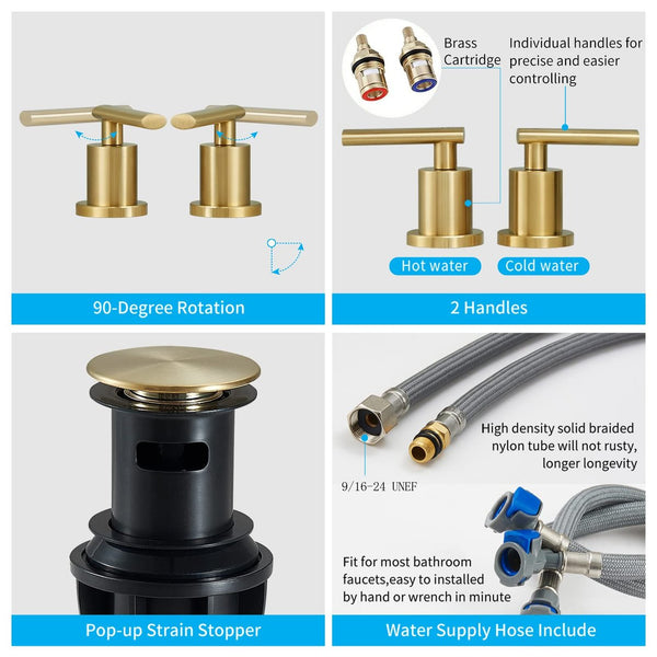English Elm Brushed Gold Widespread Bathroom Faucet - Low-Arch Design With Pop-Up Drain & Supply Lines Included T3177P277503