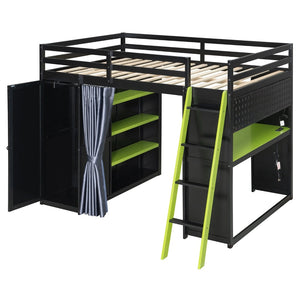 English Elm Full Size Wood Loft Bed with Wardrobe Desk Shelves Rgb Lighting and Blackout Curtains Black+Green LT000269AAF-1