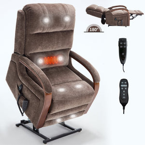 English Elm Power Lift Recliner Chair Chenille Upholstery Dual Motor Heat Massage Solid Wood Arms Brown W1803S00068