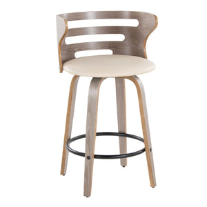 English Elm Cosini Mid-Century Modern 26" Fixed-Height Swivel Barstool Set of 2 — Walnut Wood, Padded Fabric Seat, Chrome Footrest Cream B202S00204