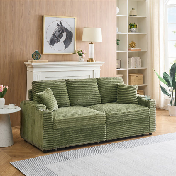 English Elm 80-inch Corduroy Folding Sofa Bed with Hidden Recline, Cup Holder & Pillows, Solid Wood Frame, 500lb Green W3356S00006