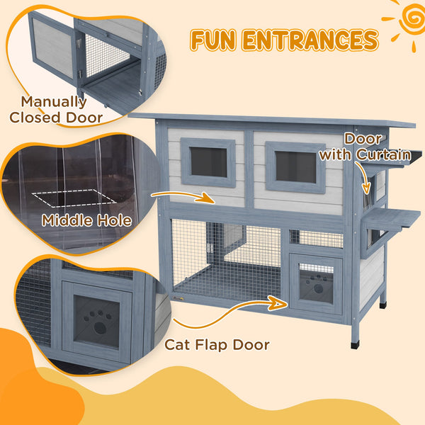 English Elm PawHut Extendable Outdoor Cat Tunnel 79" Wooden Catio Run with Weatherproof Mesh, Multi-Entry LIGHT GREY W2225P200727