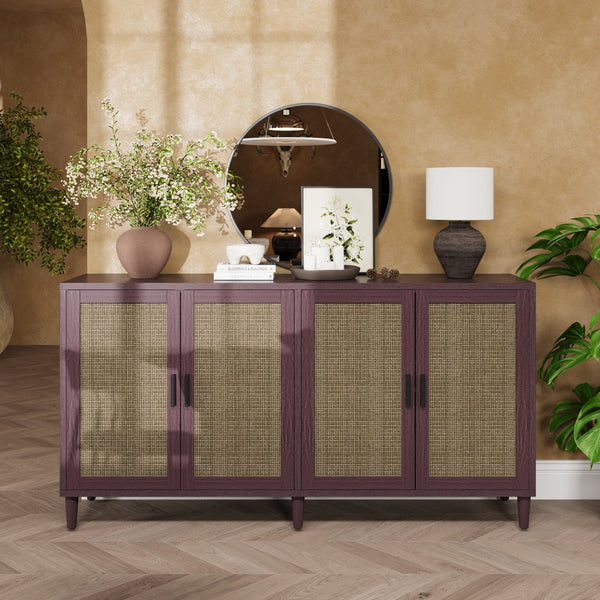 English Elm 70" Rattan Buffet Cabinet with Stylish Woven Doors, 4-Door Sideboard with Adjustable Shelves, Sturdy MDF Frame and Solid Wood Legs Brown W757P279743