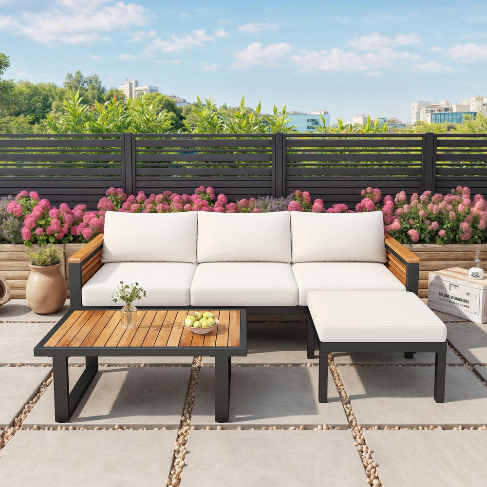 English Elm Christopher Knight Home® - Outdoor 3-piece Acacia Wood and Metal Patio Sofa Set – Beige Teak & Black, Water-Resistant Cushions, Industrial Style Comfort N757S339518B