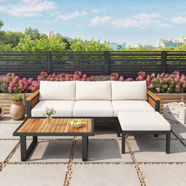 English Elm Christopher Knight Home® - Outdoor 3-piece Acacia Wood and Metal Patio Sofa Set – Beige Teak & Black, Water-Resistant Cushions, Industrial Style Comfort N757S339518B