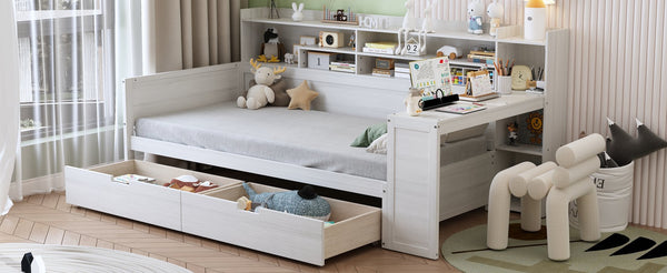 English Elm Wooden Twin Daybed with Built-In Desk, Side Shelves and Dual Drawers for Smart Space Saving Antique White 54.9 L x 18.75 W x 5.6 H N733S241484K