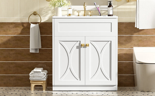 English Elm 30'' Bathroom Vanity With Ceramic Sink Combo - Modern Freestanding Cabinet, Gold Handles & Soft-Close Doors N710P194898K