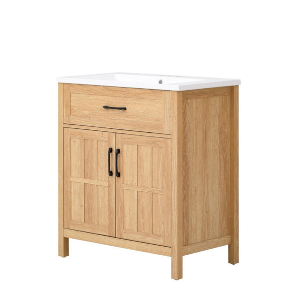 English Elm 30" Solid Pine Bathroom Vanity with Resin Sink Soft Close Doors and Natural Grain Finish N710P405952P