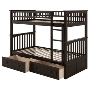 English Elm Twin Over Solid Pine Bunk Bed with Rolling Drawers and Convertible Platform GX000240AAP