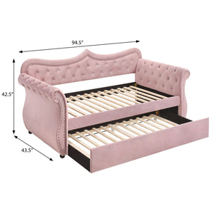 English Elm Pink Upholstered Twin Daybed with Trundle, 28-Slat Durable Frame, Velvet Finish, Ideal for 8" Mattress B062S00452