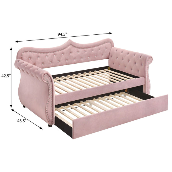 English Elm Pink Upholstered Twin Daybed with Trundle, 28-Slat Durable Frame, Velvet Finish, Ideal for 8" Mattress B062S00452