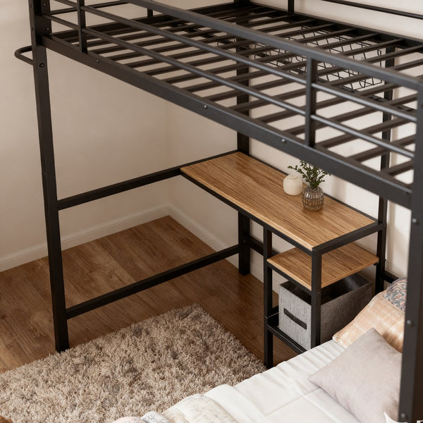 English Elm Bunk Bed Twin Over Twin With Integrated Desk, Storage, Safety Guardrails & Ladder - Black Metal Design W3752P378630
