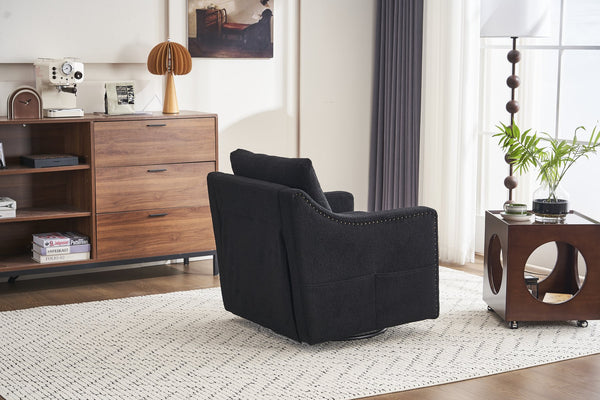 English Elm 011-Teddy Plush Swivel Accent Chair with High Back, Rivet Trim, 360° Rotation, Storage & Pockets Black W527P190836