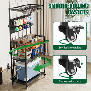 English Elm Fishing Rod Rack Rolling Organizer with Pegboard Multi-tier Metal Stand Lockable Wheels W3190P404246