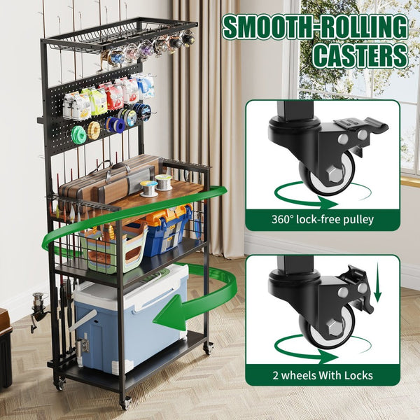 English Elm Fishing Rod Rack Rolling Organizer with Pegboard Multi-tier Metal Stand Lockable Wheels W3190P404246