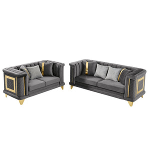 English Elm 2pcs Velvet Tufted Sofa Set with Gold Steel Trim Victorian Glam Living Room W1191S00105