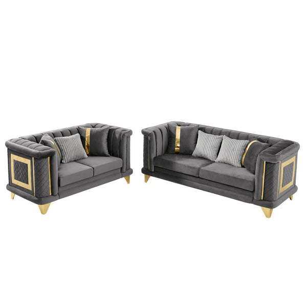 English Elm 2pcs Velvet Tufted Sofa Set with Gold Steel Trim Victorian Glam Living Room W1191S00105