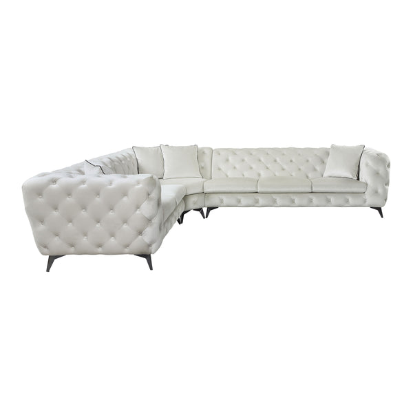 English Elm Atronia Beige Sectional Sofa with 4 Pillows — Button Tufted Fabric, Pocket Coil Seats, Removable Covers B2726S00353