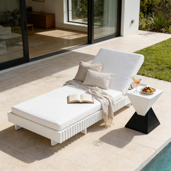 English Elm Modern Acacia Wood Outdoor Chaise Lounge Slatted Reclining Poolside Sun Chair Cream,White N770P281696W_65429.00CUSH