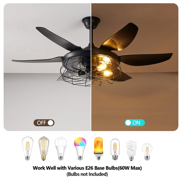 English Elm 52" Modern Black Ceiling Fan With Industrial Cage Design, 6-Speed Remote Control For Stylish Airflow W2312P374993