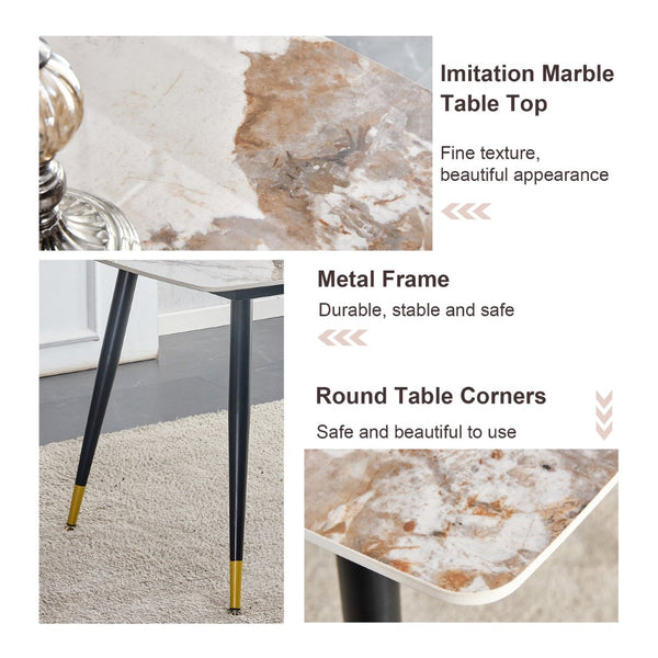 English Elm Table And Chair Set - Elegant 4-Seater Sintered Stone Dining Table With White Pu Chairs For Comfort W1151S04206-GIGA