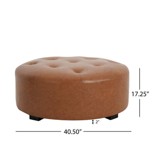 English Elm Christopher Knight Home® - Upholstered Round Button Tufted Ottoman in Orange/Dark Brown PU Leather — Plush Foam, Pocket Coil Comfort N757P233408T
