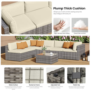 English Elm 7-piece Outdoor Modular Sectional Pe Wicker Patio Set with Tempered Glass Coffee Table Beige+Brown B082S00063