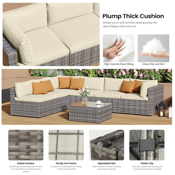 English Elm 7-piece Outdoor Modular Sectional Pe Wicker Patio Set with Tempered Glass Coffee Table Beige+Brown B082S00063