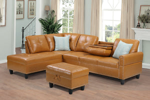 English Elm Black Faux Leather Sectional Sofa with Cup Holders Storage Ottoman and Nailhead Trim Ginger B2730S00020