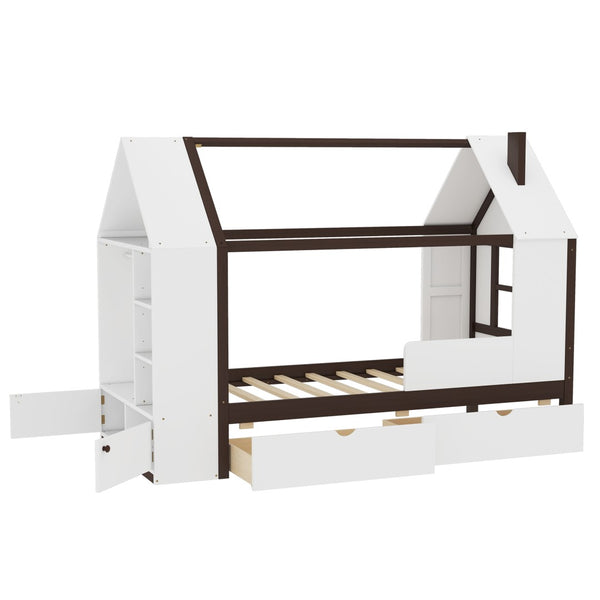 English Elm Twin House Frame Bed Pine Wood with Storage Drawers and Shelves for Kids Bedroom W1580S00573