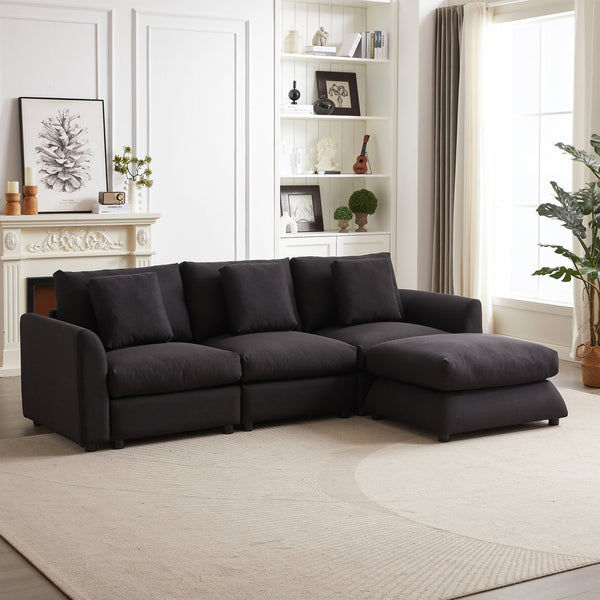 English Elm MH102.2 Modular 102.2" L-Shaped Sectional Sofa with Ottoman, 3 Cushions & Pillows, Upholstered Comfort Black W1193S00137