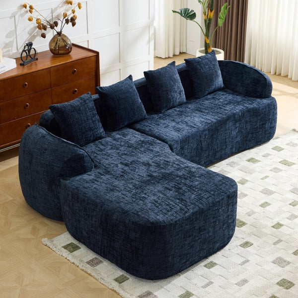 English Elm Beige Chenille L-shaped Sectional Sofa with Chaise Deep Seating and Curved Armrests Dark Blue W3612S00031