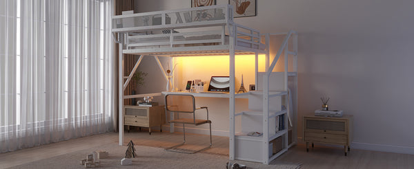 English Elm Full Loft Bed with Desk and Charging Station, Metal Loft with Stairs, Wardrobe, Shelves & Light White W2580S00046