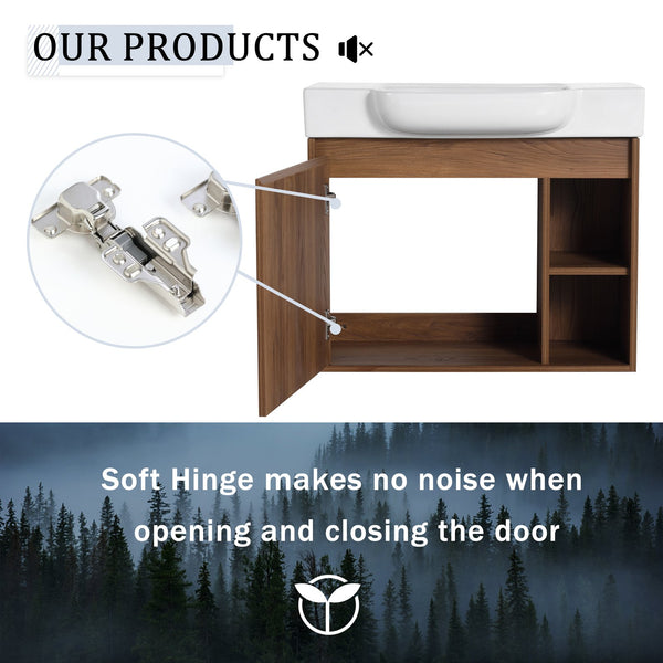 English Elm 28'' 28" Wall-Mounted Bathroom Vanity with White Ceramic Sink, Soft-Close Door, Open Shelves, KD-Pack W999P263409