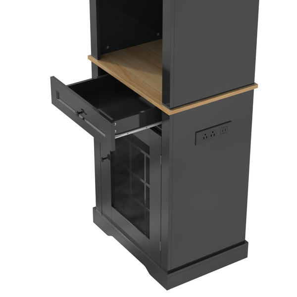 English Elm Bar Cabinet Farmhouse 69 Inch with Rgb Led Barn Door Wine Rack and Charging Station Black N728P438603B