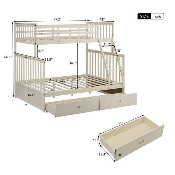 English Elm Twin Over Full Bunk Bed With Storage Drawers – Stylish Cream Wooden Design, Safety Features Included K495S00002-GIGA