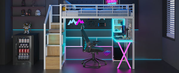 English Elm Full Full Size Metal Loft Bed with Built-In Desk, Wardrobe & Stair Storage, LED Lights, Space-Saving White GX000663AAK