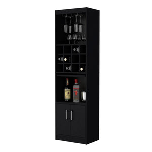 English Elm Wenge Tall Bar Cabinet with Built-In Wine Rack, 15 Shelves, 2 Doors — Stylish Engineered Wood Storage B062P193653