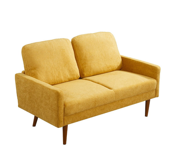 English Elm Velvet Upholstered Two Seat Loveseat with Tapered Wood Legs Mid Century European Style Mustard Yellow B2735P291962