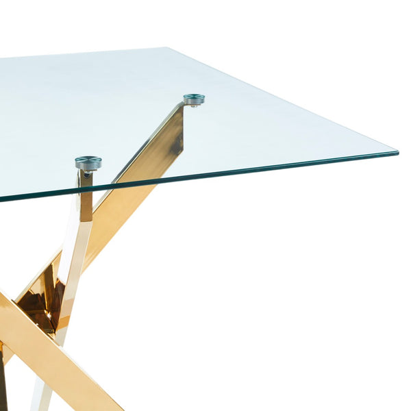English Elm Dining Table Square Tempered Glass Top Cross Metal Base Modern Space Saving Design W234P235264