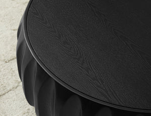 English Elm Round Solid Wood Carved Coffee Table Black — Artisan Saman Frame, Ash Veneer Top, Sculptural Rustic Luxe Decor W3137P295315