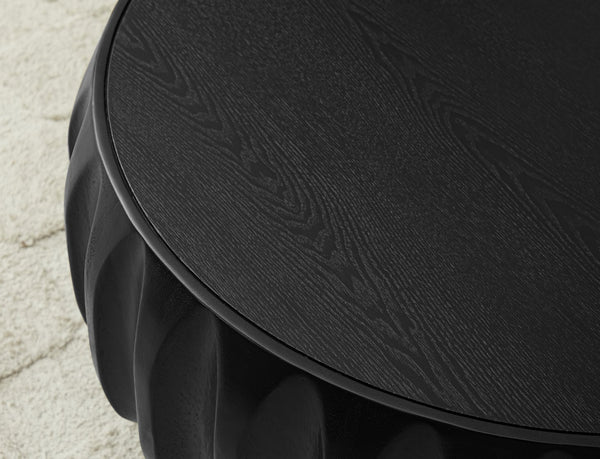 English Elm Round Solid Wood Carved Coffee Table Black — Artisan Saman Frame, Ash Veneer Top, Sculptural Rustic Luxe Decor W3137P295315