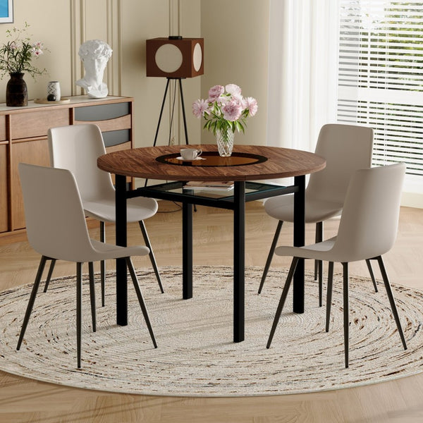 English Elm Table and Chair Set 42 Inch Round Wood Grain Dining with 4 Linen Cushioned Seats Brown+Black,Light Gray W1151S04483