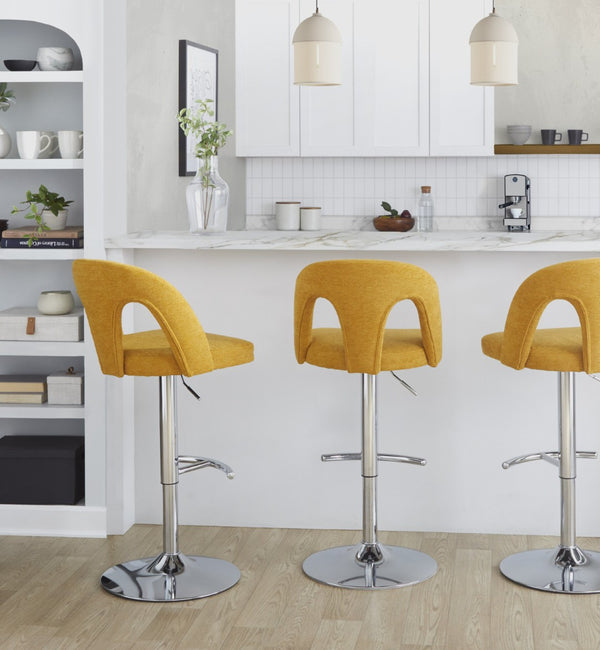 English Elm Adjustable Swivel Barstools with Yellow Fabric Seats and Chrome Base Set of 2 B202S01954