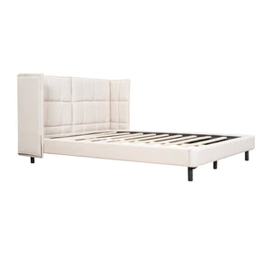 English Elm Queen Upholstered Platform Bed with LED Lights, U-Shaped Headboard, Linen Fabric, Sturdy Metal Legs Beige SF000151AAA
