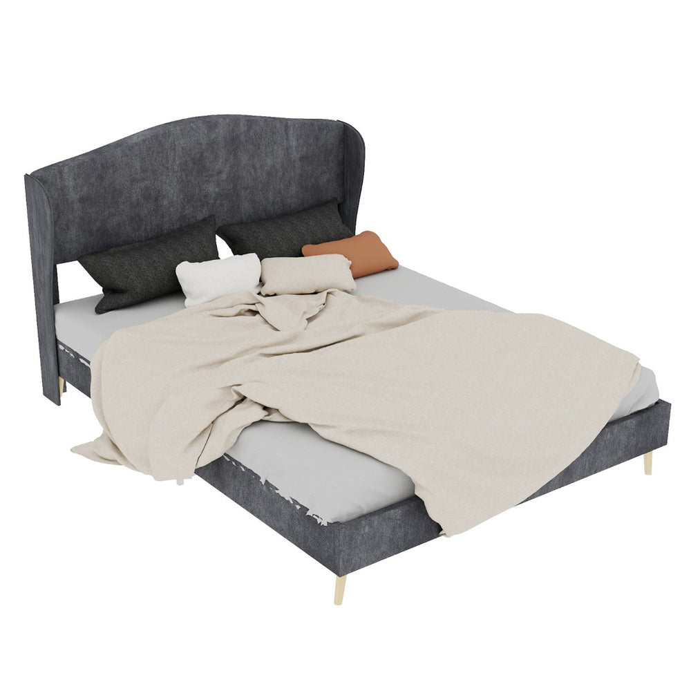 English Elm Velvet Tufted Queen Platform Bed Diamond Headboard for Elegant Master Bedroom Grey W1935P361019