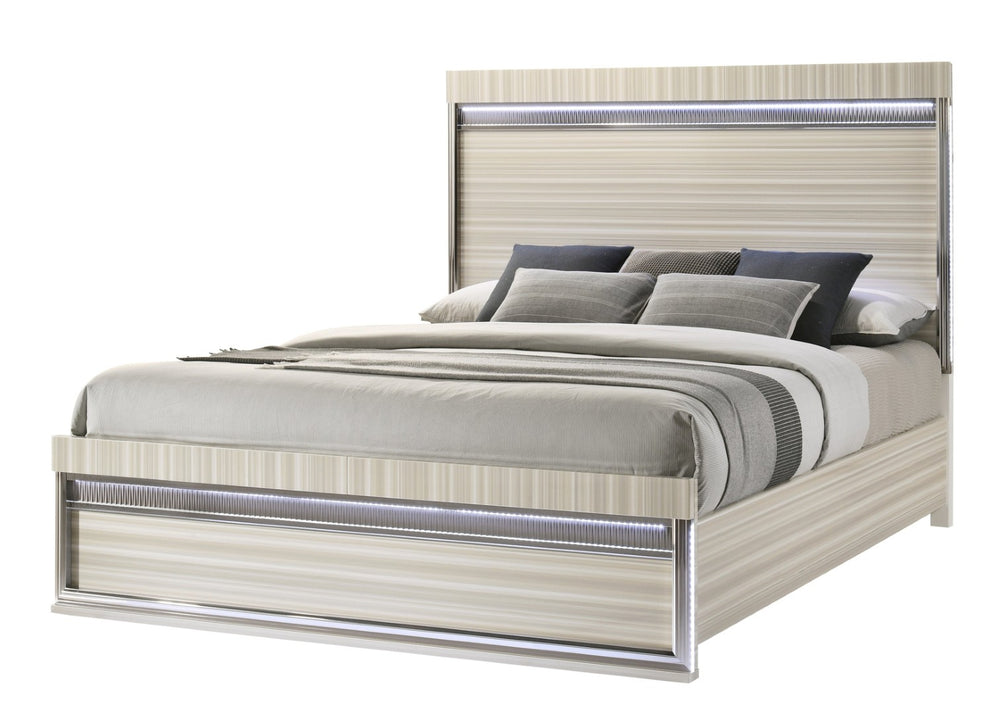 English Elm Leonor King Bedroom Set Wood Frame with Led Lighting Gray Stripe Panel Modern Suite B009S02303