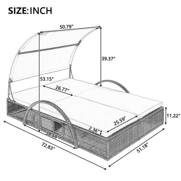 English Elm U_style Outdoor Double Sun Lounger Hdpe Wicker Steel Frame with Canopy Pop up Tables Blue WY000485AAC