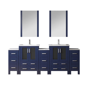English Elm Navy Double Bath Vanity 84" W x 18.25" D with Side Cabinets, Soft-Close Drawers, White Ceramic Top and 22" Mirrors B2731S00602