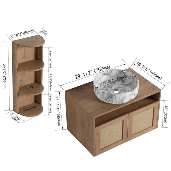 English Elm 30" Floating Bathroom Vanity Oak Finish Ceramic Vessel Sink Soft Close Plywood Cabinet W999S00503